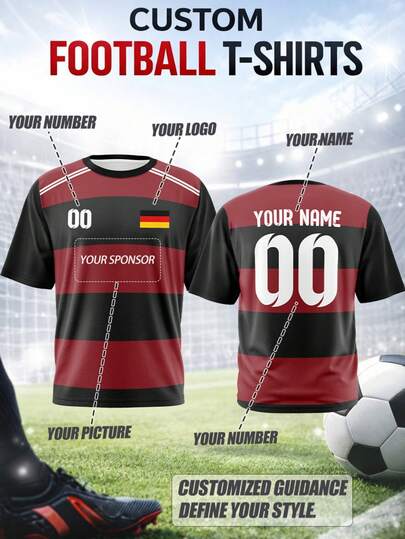 Camiseta de fútbol personalizable para hombres de talla grande, incluye nombre, número, logotipo, equipo o patrocinador. Cuello redondo estilo alemán, tela transpirable que absorbe la humedad. Adecuado para partidos de equipo, entrenamiento, deportes, uso casual, ropa de aficionado, regalos festivos. De moda para la temporada de fútbol de primavera/verano