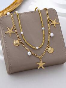 2pcs Bohemian Style Waist Chain, Gold Beaded Chain With Shell & Starfish Pendant, Detachable Double Layer Waist Chain For Daily, Party, Beach, Bikini, Elegant & Refined For Women - Golden Two-piece Suit - View 5