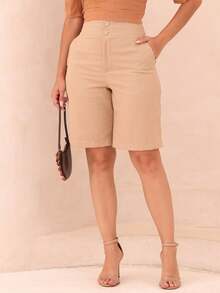 Versatile Women's Linen Bermuda Shorts With Pockets And Functional Buttons - 裸體 - 查看 1