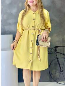 Midi Shirt Dress With Belt, Polo Collar And Lapel On The Sleeve - Màu vàng - Xem 1