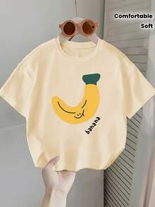 Short-Sleeved T-Shirt With Banana Print, Round Neck, Soft Knit Fabric, Ideal For Spring, Summer And Autumn. Comfortable And Stylish Children's Clothing For Playtime. - Màu vàng - Xem 1