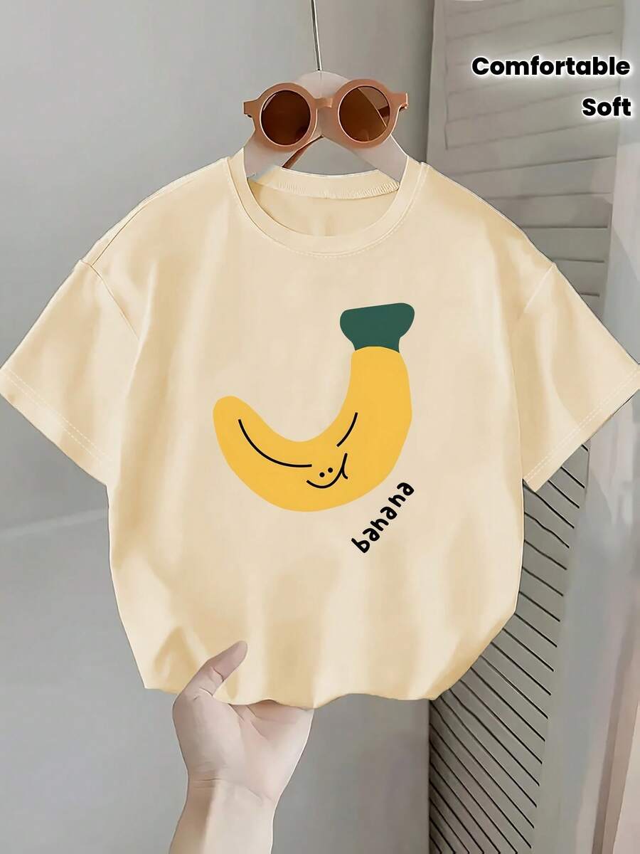 Short-Sleeved T-Shirt With Banana Print, Round Neck, Soft Knit Fabric, Ideal For Spring, Summer And Autumn. Comfortable And Stylish Children's Clothing For Playtime. - Màu vàng - Xem 1
