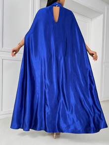 Women's Patchwork Mesh High Collar Abaya Robe - Blue - View 2