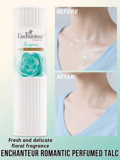 Enchanteur 迷人香氛爽肤粉，24小时持久干爽舒适，清爽舒缓，缓解瘙痒，持久留香。细腻粉质，改善肤质，散发迷人花香，令肌肤柔软光滑，焕发光彩。