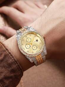 1件时尚简约罗马数字表盘全水晶不锈钢石英表，适合日常佩戴、生日、送礼、周年纪念、光棍节、万圣节促销等场合，不含礼盒 - 金色 - 查看 4