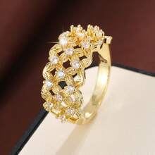 1pc Fashion Grid Flower Design Cubic Zirconia Inlaid Women's Casual Gift Ring - Multicolor - View 15