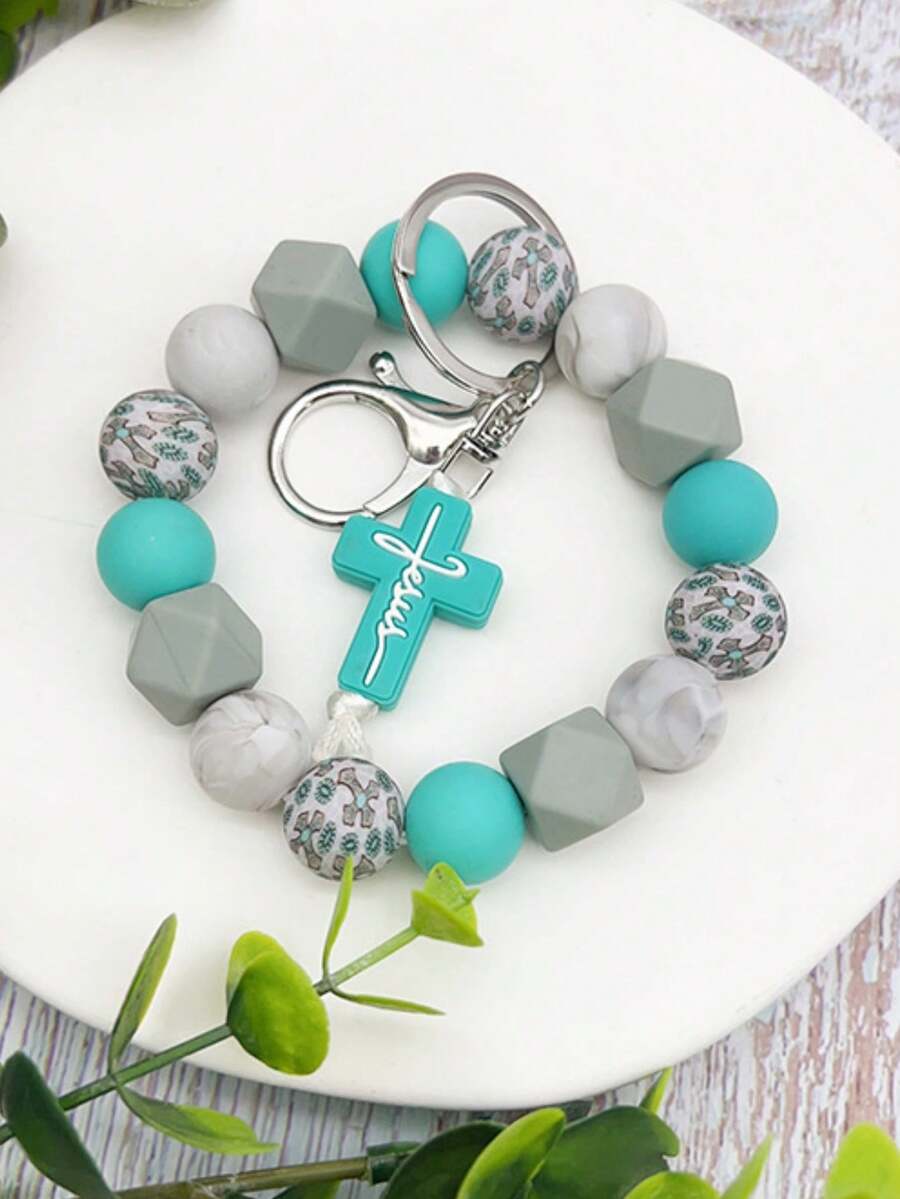 New Cross Silicone Bead Keychain Cross Charm Bracelet Style Keyring For Women Men Teens Daily Use Gift Limit One Per Order - Mint Blue - View 1