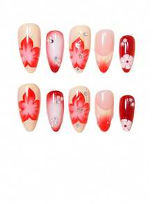 3D Red Flower Pearl Glitter Diamond Tie Dye French Manicure Nail Stickers, Suitable For Women & Girls Spring/Summer Party, Date, Daily, Office, Includes 1 Nail Sticker Sheet & 1 Mini Nail File, Random Delivery Nails - Multicolor - View 3