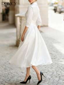 DONICY Đầm sơ mi dài tay cổ chéo sang trọng, ôm dáng dành cho nữ mùa thu/đông, chất liệu satin cao cấp, thích hợp cho hẹn hò, tiệc tùng, sự kiện kinh doanh và đi làm. - trắng - Xem 3