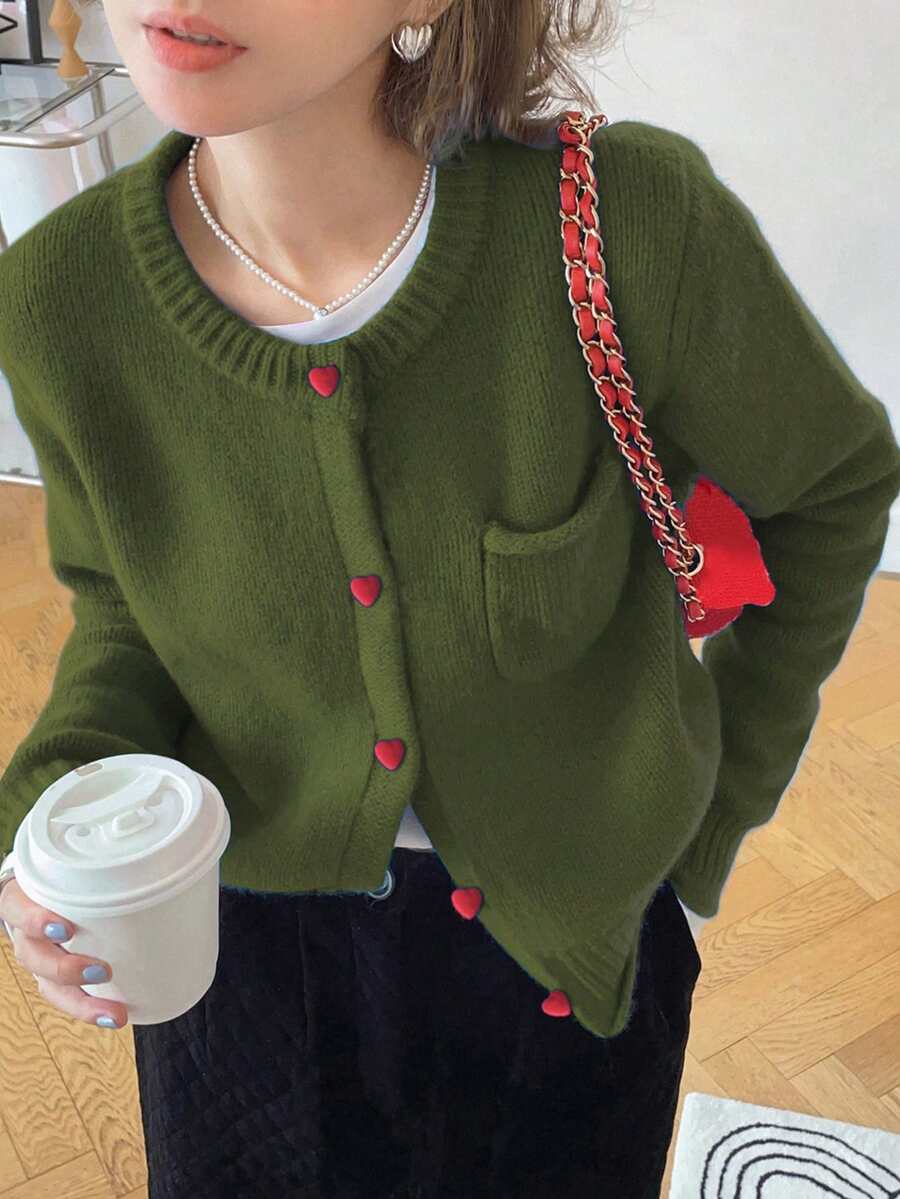 Áo cardigan len nữ kiểu Hàn Quốc tối giản, cổ tròn, thiết kế cúc phối màu tương phản, thích hợp cho mùa Thu/Đông. - Tảo xanh - Xem 1