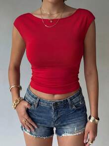 Faeriesty Stylish Women's Red Boat Neck Cap Sleeve Backless Top – Casual Chic For Streetwear, Daily Outings, Weekend Hangouts, City Exploration & Outdoor Adventures - Red - View 3