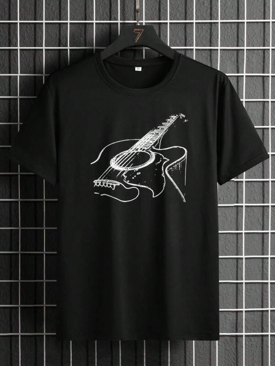 Graphic Tees Women Manfinity Homme Men Musical Instrument Graphic Short Sleeve Casual Tee, For Going Out Men's Summer Casual 180g Pure Cotton T-Shirt Patterned Printed Short Sleeved Top T-Shirt - 黑色 - 查看 1