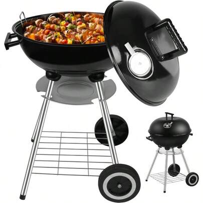 Asador de Carbn de Dimetro 44cm, Parrilla Grill Porttil de Fcil Almacenamiento Tapa Colgante, Parrilla de Carbn con Cenicero, con Llantas Transportadoras, Ventilacin de Aire