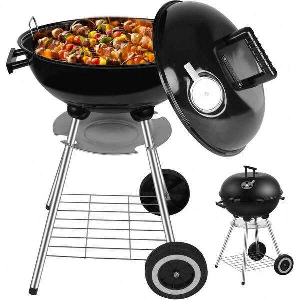 Asador de Carbn de Dimetro 44cm, Parrilla Grill Porttil de Fcil Almacenamiento Tapa Colgante, Parrilla de Carbn con Cenicero, con Llantas Transportadoras, Ventilacin de Aire
