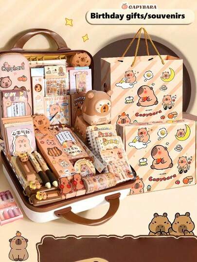 1set Capybara-Themed Stationery Gift Set With Notebook, Pens, Paper Clips, And Accessories - Cute Learning Essentials Pack For Students And Animal Lovers(Random Style)(Keychain Styles Are Random)