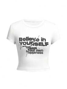 女士圆领短袖T恤，美式辣妹风格，夏季新款字母印花，时尚百搭修身露脐上衣 - 白色 - 查看 3