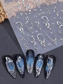 2片银色浮雕5D不对称线条星形图案Y2K风格银色闪光哥特式浮雕美甲贴纸，DIY美甲配件，美甲沙龙用品 - 銀色 - 查看 7