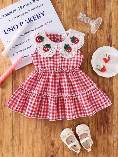 1pc Girls' Cute Gingham Strawberry Embroidery Peter Pan Collar Dress, Suitable For Outdoor, Casual, Party, Holiday Gift For 0-1-2-3 Years Old, 6-9 Months Baby Girl