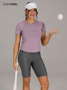 女士紫色网眼露背短袖T恤，透气短款修身运动上衣，适合瑜伽和健身 - 淺灰紫 - 查看 5