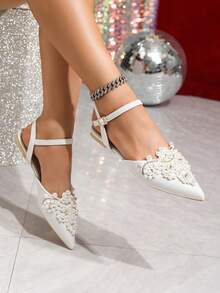 Giày Mary Jane mũi nhọn đính pha lê và nơ thời trang mới dành cho nữ, sandal quai ngang cổ chân kiểu dáng thường ngày. - trắng - Xem 3