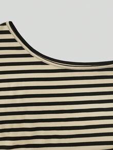 Buzzelle 女士休闲宽松条纹不对称肩短袖T恤，夏季 - 黃黑條紋 - 查看 6