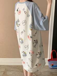 Women's Summer Cow Print Batwing Sleeve Nightgown, Blue & White Contrast Short Sleeve Loungewear - Blue - View 3