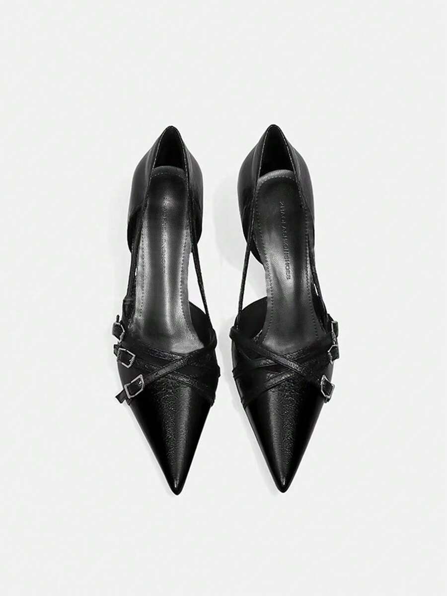 女士时尚尖头高跟鞋，百搭优雅搭扣细跟法式低帮鞋，穿着舒适 - 黑色 - 查看 1