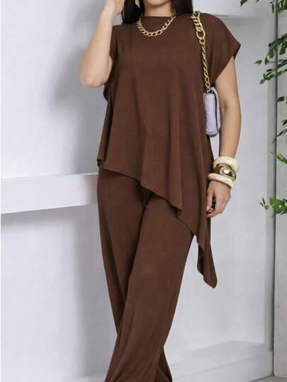 Conjunto De Duas Peças Conjunto Femenino Incluindo Blusa  Assimetrica Com gola E Calça longa Tecido Anarruga  Elegante