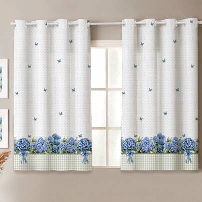 Cortina Slim Cozinha 2,20m x 1,40m - Estampa Digital Hortênsias