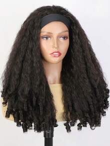 Afro Curly Headband Wig Synthetic Yaki Curly Half Wigs For Black Women Kinky Curly Glueless Wig With Bottom Bouncy Curls Blowout Style Natural Black 24 Inch - Black Brown - View 3