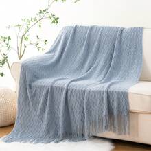 Bluish Grey Throw Blanket For Couch, Textured Knit Throw, Boho Blankets And Throws For Sofa Bed Living Room Decor, Outdoor Throw Blanket, 50"X60" - Bluish Grey - 查看 5