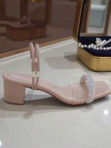 Women's Tropical Party Sandal, PU Leather, Layered Heel, Summer Party - 乾枯玫瑰色 - 查看 2