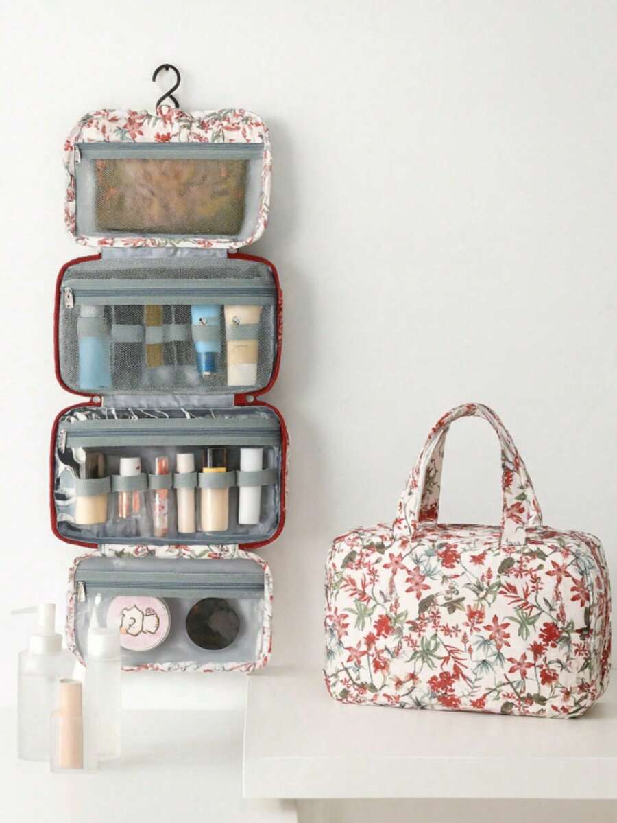 1件复古花纹挂钩手提可折叠大容量化妆包洗漱收纳袋防水化妆包便携式化妆包四层洗漱包旅行必备邮轮必备宿舍必备洗漱包旅行洗漱包洗脸袋淋浴袋女士防水收纳袋女士旅行必备邮轮必备度假必备旅行用品 - 彩色 - 查看 1