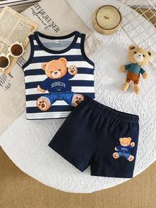 2 sztuki/zestaw ubranek dla chłopców z nadrukiem uroczego misia, w zestawie bezrękawnik w paski i spodenki z kreskówkową grafiką, swobodny letni styl sportowy/plażowy - Wielokolorowe - Zobacz 1