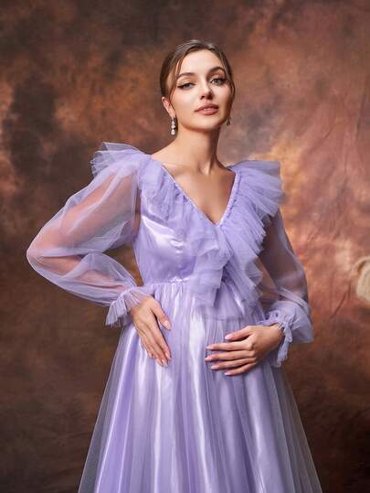 Faeriesty Elegant Maternity Purple V-Neck Long Sleeve Maxi Party Gown For Women | Ethereal Glamour From Transparent Sleeve, Ruffle Trim On V-Neck, For Romantic Dimension, For Spring Weddings, Mother's Day Celebrations, Garden Parties, Formal Galas