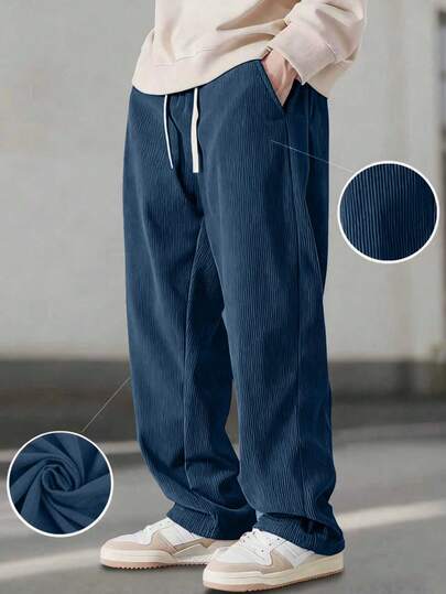 1条男士灯芯绒抽绳阔腿休闲运动裤，适合户外活动