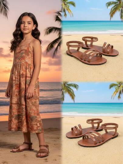 1双棕色女童平底凉鞋，编织皮革三带设计，后跟松紧带，圆头软底防滑，时尚可爱波西米亚公主风沙滩凉鞋，适合3-12岁女童，休闲、沙滩、校园、度假、春夏皆宜。
