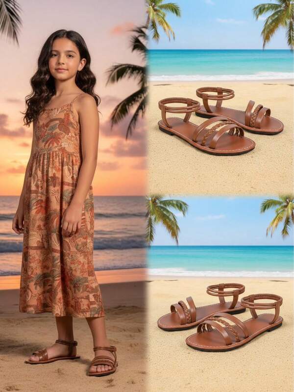 1双棕色女童平底凉鞋，编织皮革三带设计，后跟松紧带，圆头软底防滑，时尚可爱波西米亚公主风沙滩凉鞋，适合3-12岁女童，休闲、沙滩、校园、度假、春夏皆宜。