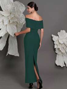 露肩绷带针织紧身连衣裙，奢华欧式风格，修身铅笔裙，适合家庭聚会、派对、宴会、婚礼等春季派对。 - 墨綠色 - 查看 2