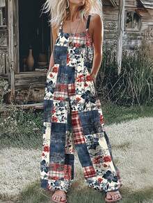 2026 Women's New Arrival Navy Blue, Red & White Floral & Plaid Patchwork Spaghetti Strap Wide Leg Elastic Waist Bohemian Country Vintage Casual Jumpsuit - 藏蓝色 - 查看 1