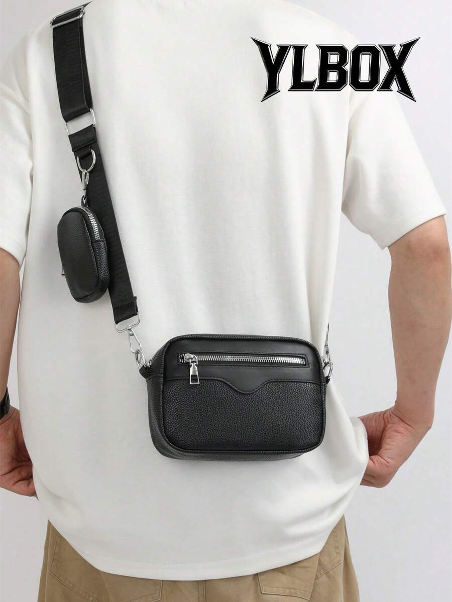 2pcs/Set Men's Embroidered Crossbody Bag And Mini Key Pouch, Side Bag Camera Bag Festival Valentine'S Day Phone Bag - Black - View 1