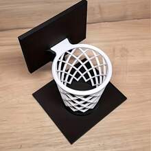 1pc 3D Printed Basketball Hoop Pen Holder - Creative Desktop Organizer, Black Base With White Grid Design. Suitable As A Gift For Home, School Or Office. Space-Saving Decorative Accessory. - Black and White - View 2