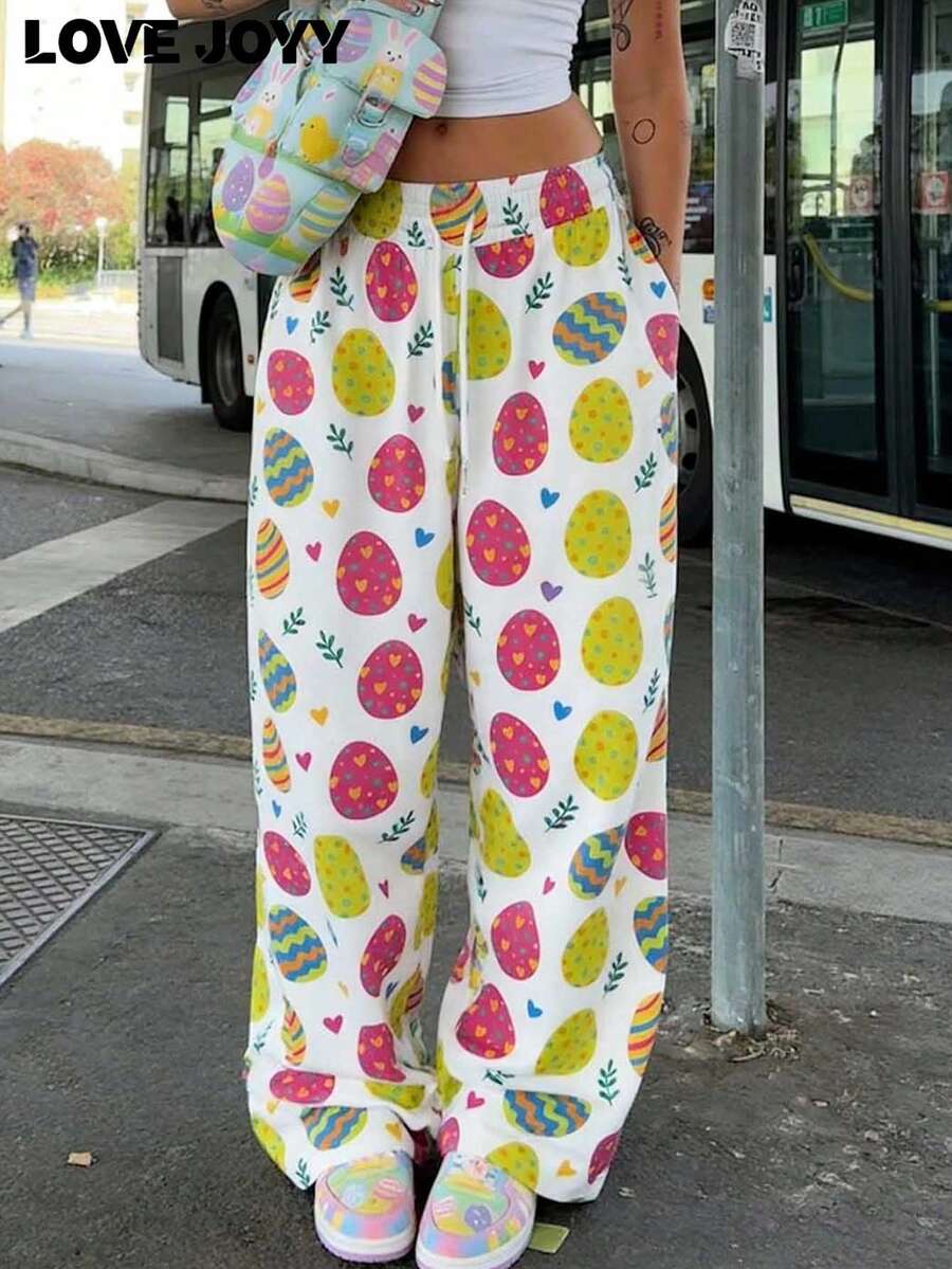 LOVE JOYY 女士鸡蛋印花阔腿裤，宽松休闲长裤，适合日常春季穿着和复活节派对 - 彩色 - 查看 1