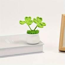 Artificial Plant Potted, Hand-Crocheted Four-Leaf Clover Potted Plant, Home/Office Desk Decor, Unique Handmade Woven Gift For Wife/Girlfriend/Sister/Mother, Valentine's Day/Birthday/New Year Decoration - Multicolor - View 9