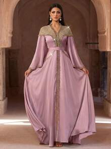 Elegante bata larga formal bordada en verde lima con corsé de cuentas y mangas acampanadas, vestido largo árabe, adecuado para mujeres, bata de fiesta, vestido de noche musulmán, bata formal, estilo modesto - Rosa vieja - Ver 5