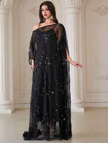 Elegant Women's Black 2-Piece Robe With Contrast Sequin & Ruffle Details, Asymmetric Batwing Sleeve Oblique Shoulder Collar Design, Drawstring Waist - Black - View 3