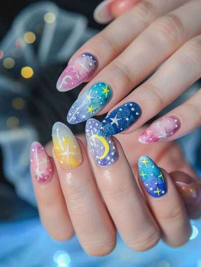 24片星月图案按压式美甲贴片，杏仁形，蓝粉色美甲用品，适合日常佩戴