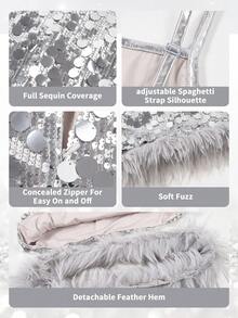 LONTAKIDS Girls Sequin Dress Kids Sparkly Gown For Christmas Birthday Party Wedding With Spaghetti Strap Detachable Feather Hem - 銀色 - 查看 5