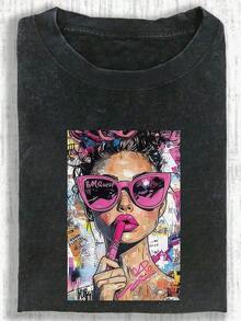 Áo thun nữ tay ngắn bằng vải cotton đã qua xử lý. Thiết kế đồ họa nghệ thuật Pop Art nổi bật, dáng rộng, phong cách retro. Phong cách đường phố Y2K. Một chiếc áo nữ phong cách Y2K thời trang và đa năng, phù hợp cho việc đi lại hàng ngày. Dáng áo đường phố thông thường, áo thun đồ họa punk thời trang dáng rộng độc đáo, áo tay ngắn có thể giặt máy. - màu đen - Xem 6