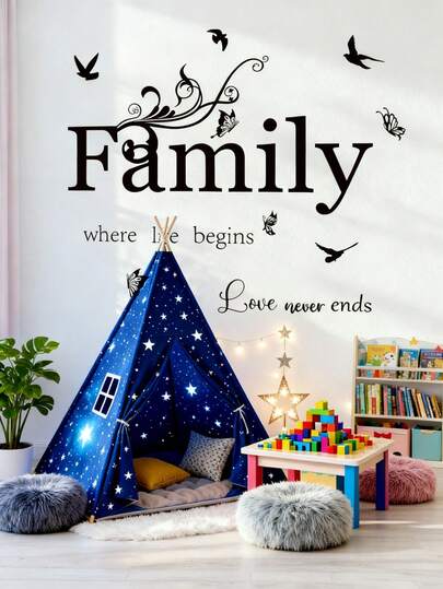 1张壁纸 - [家庭、花卉蝴蝶、短语] 男孩儿童房装饰家居自粘婴儿房装饰女孩房装饰壁纸可移除墙贴，适用于客厅、女孩卧室、窗户装饰 - 可爱创意墙面艺术儿童房装饰卧室装饰